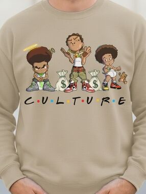Gildan Beige Crewneck Sweatshirt with Colorful Culture Cartoon Graphic